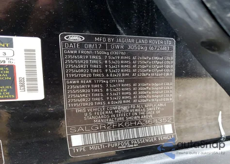 2017 Land Rover Range Rover z USA, uszkodzony, nr VIN SALGR2FK6HA368352